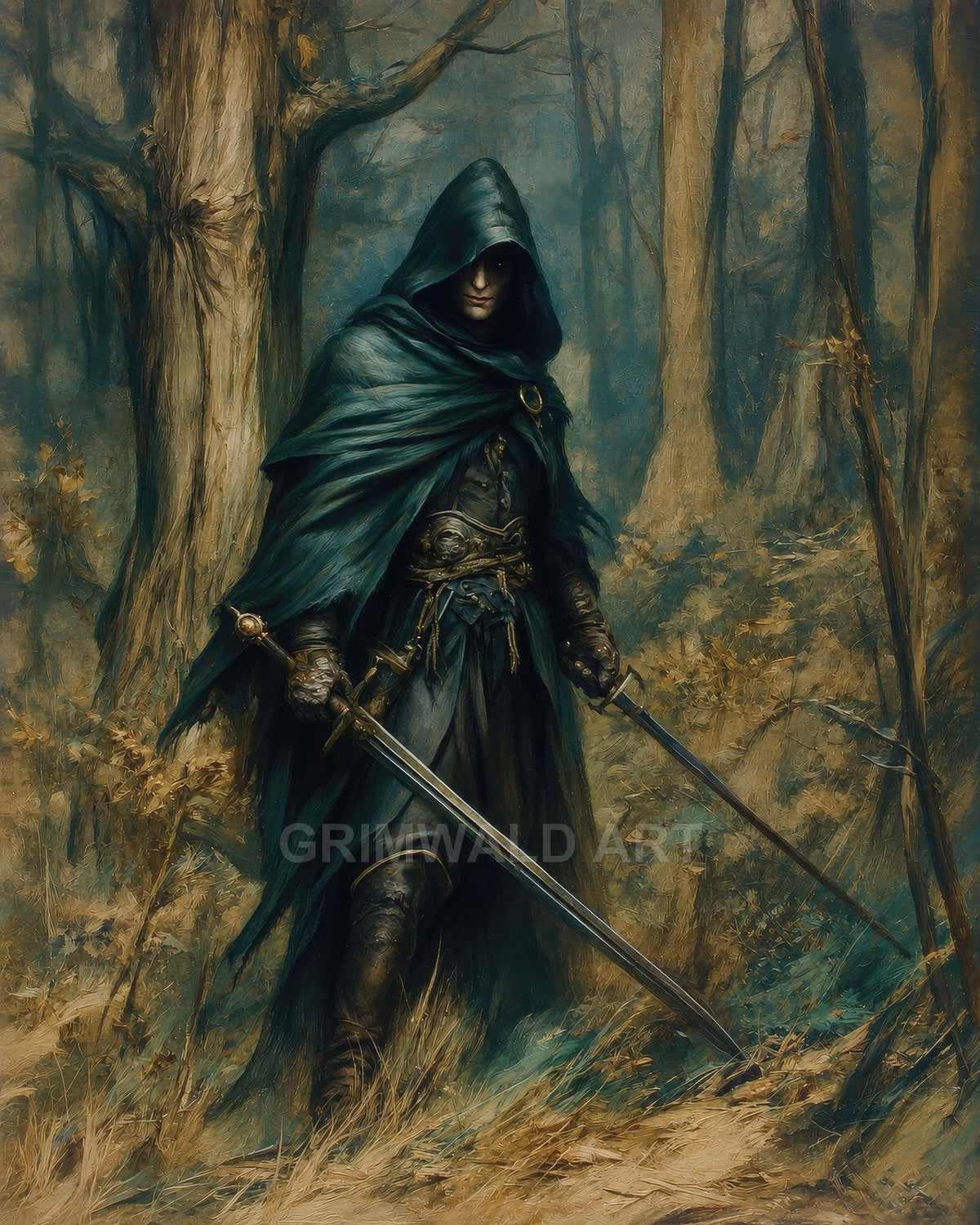 Hooded rogue in green cloak stands in a shadowy forest, dual-wielding swords, leather armour and dark, enigmatic gaze.