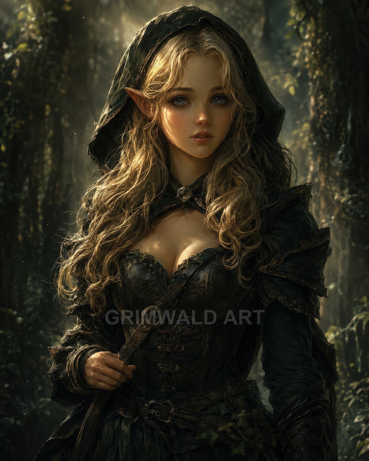 Hooded female elf in dark green leather armour stands in a sunlit forest, golden rays filtering through trees, gazing ahead with calm, alert poise.