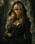 GRID THUMBNAIL — Hooded female elf in dark green leather armour stands in a sunlit forest, golden rays filtering through trees, gazing ahead with calm, alert poise.