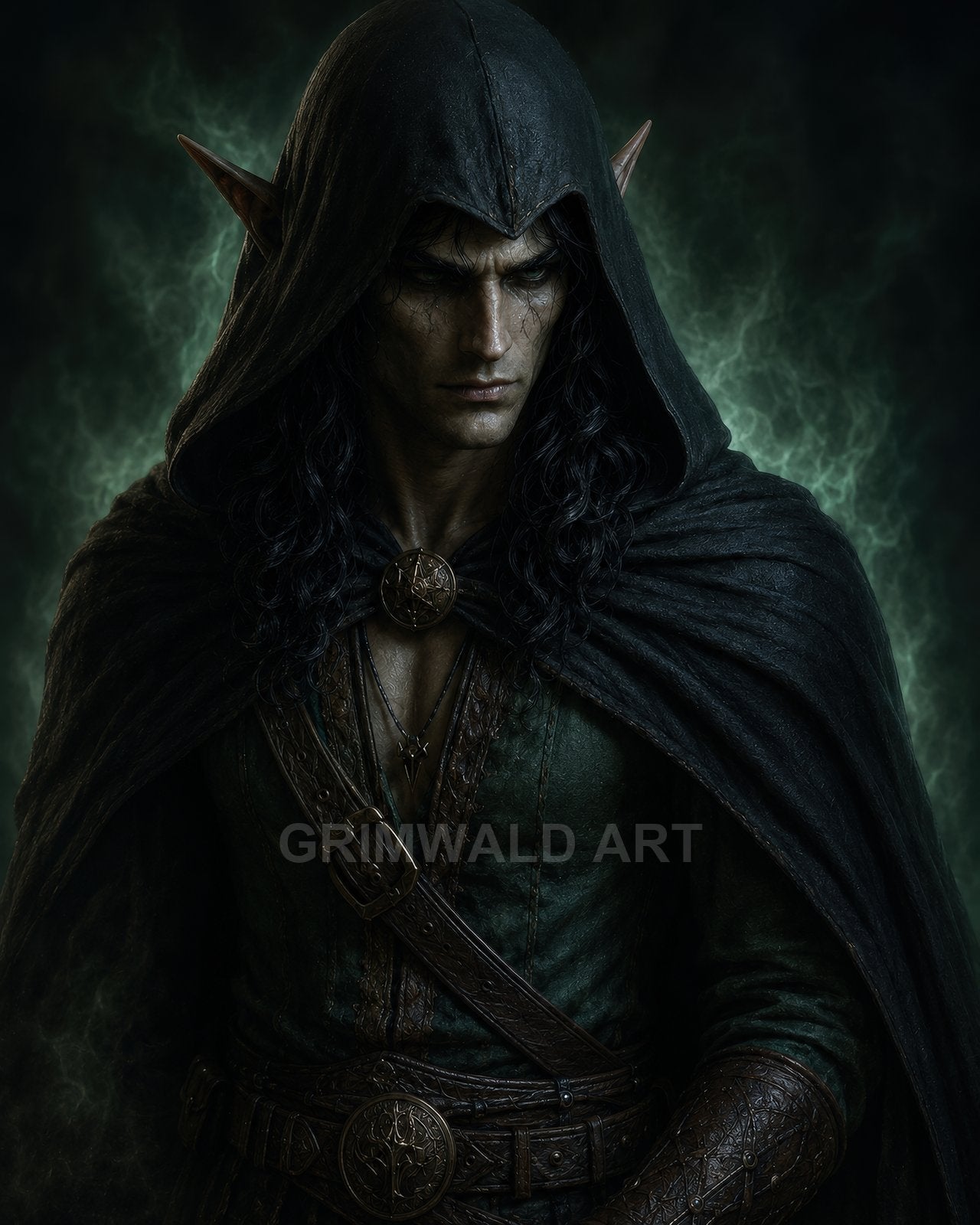 Portrait of a hooded male elf in dark leather armour, pointed ears and long hair, brooding before a swirling green arcane glow.