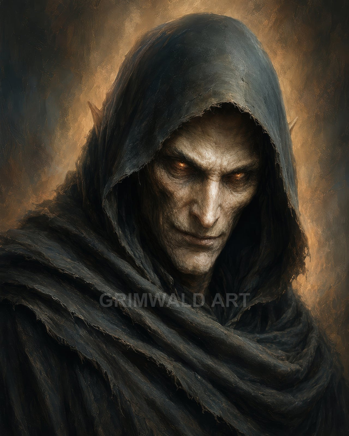 Dark fantasy portrait of a hooded elf with glowing ember eyes and gaunt features, wrapped in heavy black robes against a fiery haloed background.