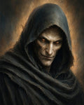 GRID THUMBNAIL — Dark fantasy portrait of a hooded elf with glowing ember eyes and gaunt features, wrapped in heavy black robes against a fiery haloed background.