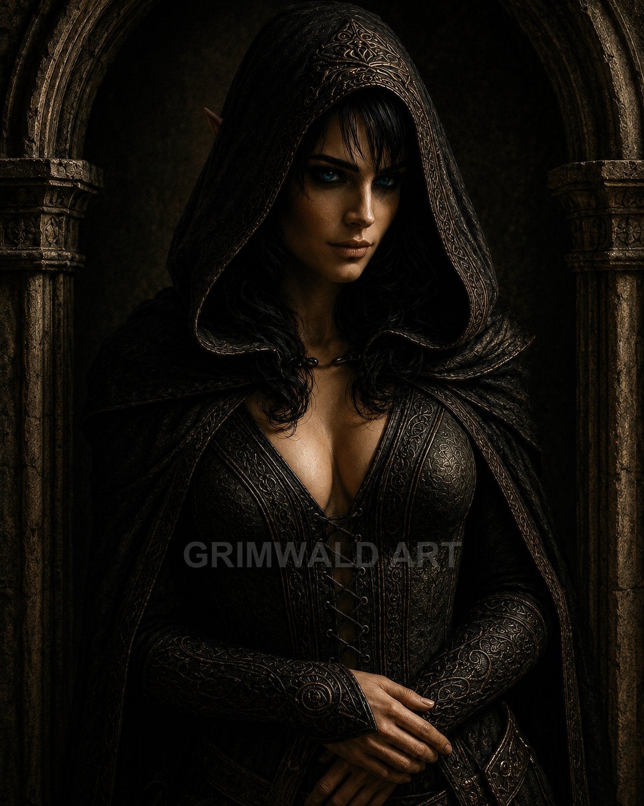 Hooded female elf with glowing blue eyes in ornate dark leather armour stands before a carved stone archway, lit by warm, moody light.