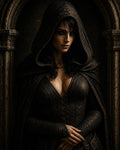 GRID THUMBNAIL — Hooded female elf with glowing blue eyes in ornate dark leather armour stands before a carved stone archway, lit by warm, moody light.