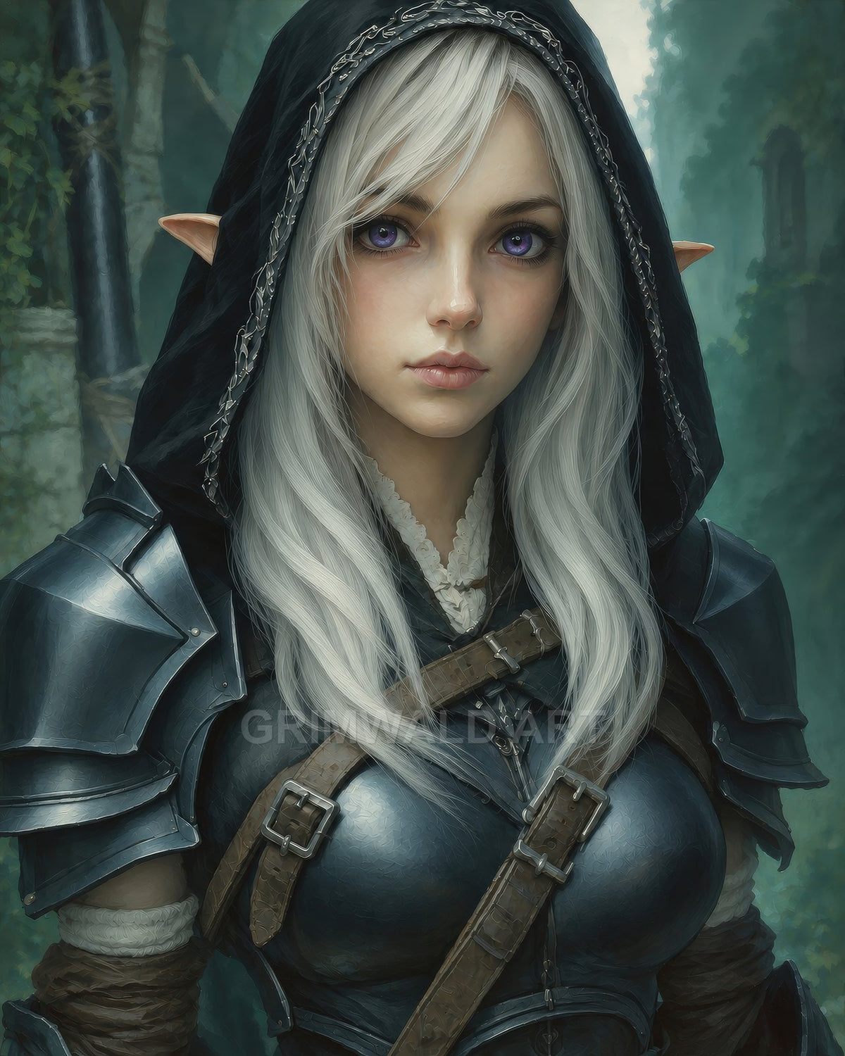 Hooded elf woman with silver hair and violet eyes in steel armour, standing before mossy ruins in a misty forest.