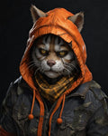 GRID THUMBNAIL — Close-up portrait of an anthropomorphic tabby cat in an orange hood and patched jacket, with amber eyes and check scarf, on dark background.
