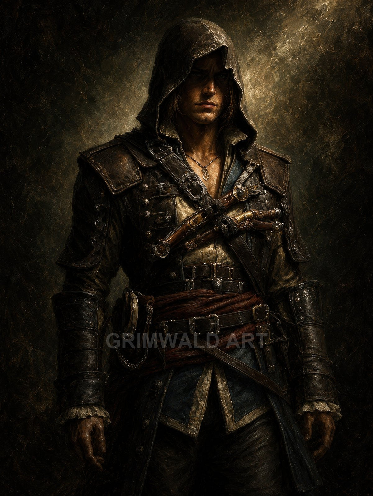 A hooded male rogue in worn leather armour stands against a dark backdrop, belts and buckles across his chest with crossed pistols.