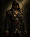 GRID THUMBNAIL — A hooded male rogue in worn leather armour stands against a dark backdrop, belts and buckles across his chest with crossed pistols.