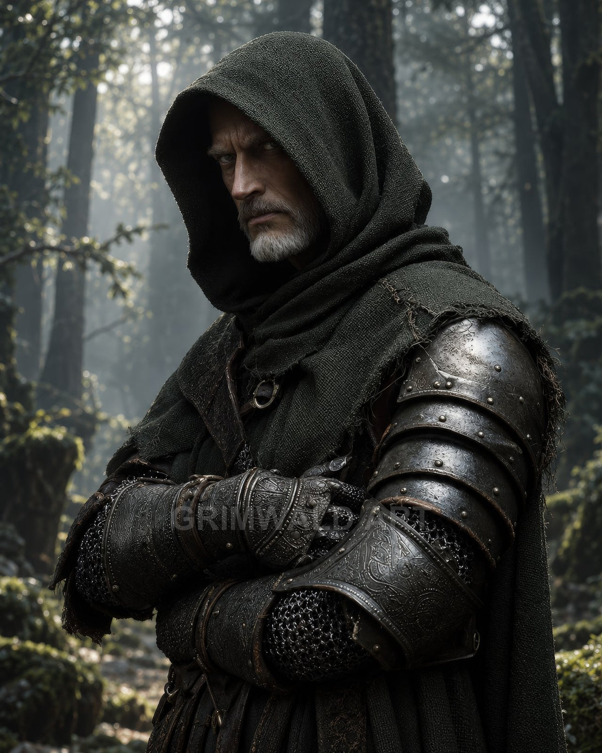 A grey-bearded man in a dark hood and ornate armour stands with arms crossed in a misty forest, lit by soft daylight.