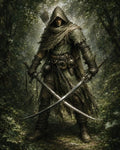GRID THUMBNAIL — A hooded male ranger in weathered green armour stands in a dense forest, crossing two curved swords, with a quiver of arrows.