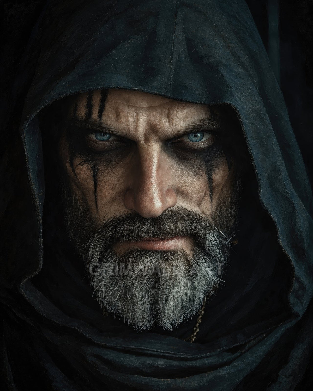 Close-up portrait of a hooded, grey-bearded man with piercing blue eyes and black face paint, rendered in dark, gritty fantasy style.