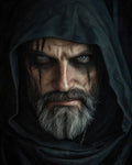 GRID THUMBNAIL — Close-up portrait of a hooded, grey-bearded man with piercing blue eyes and black face paint, rendered in dark, gritty fantasy style.