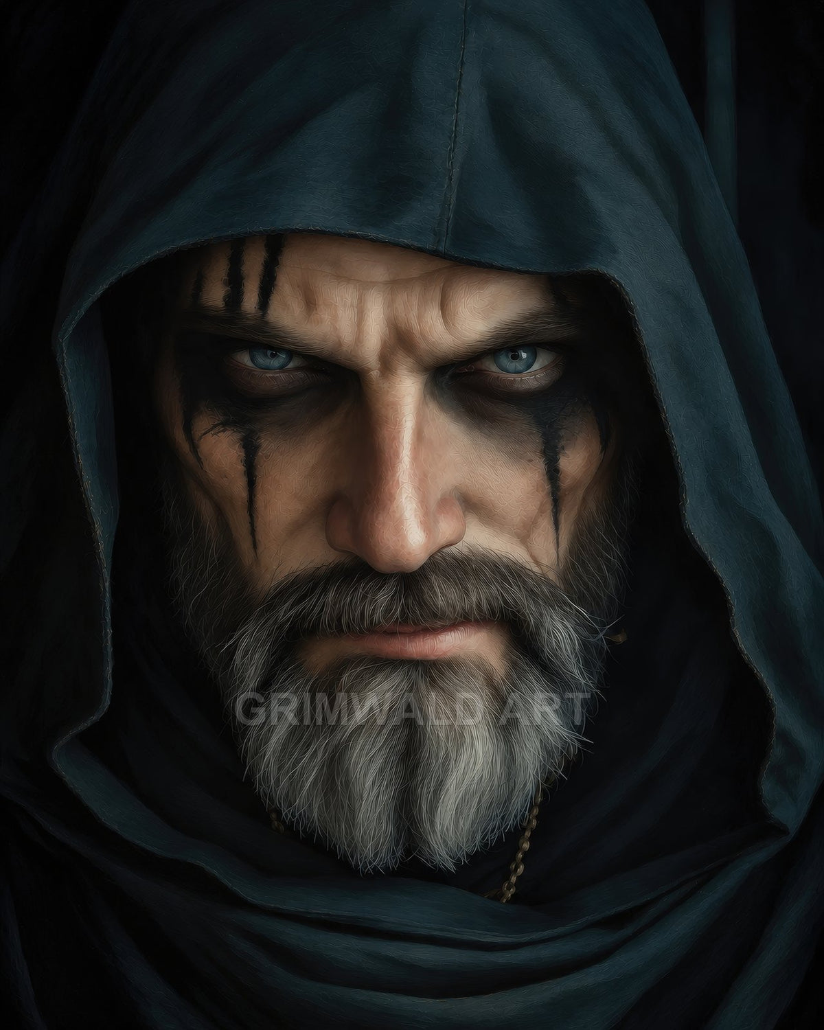 Close-up portrait of a hooded grey-bearded man with piercing blue eyes and black war paint, wrapped in a dark cloak.