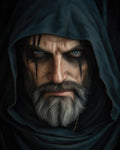 GRID THUMBNAIL — Close-up portrait of a hooded grey-bearded man with piercing blue eyes and black war paint, wrapped in a dark cloak.