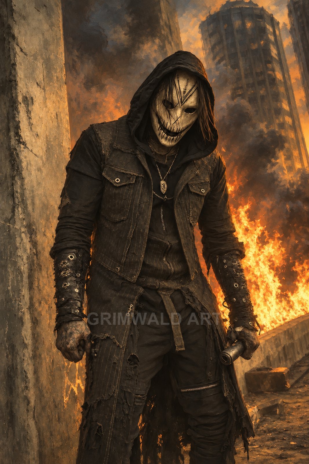 A hooded figure in a tattered coat and grinning skull-like mask stands before a burning ruined city, gripping a rugged improvised firearm.