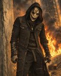 GRID THUMBNAIL — A hooded figure in a tattered coat and grinning skull-like mask stands before a burning ruined city, gripping a rugged improvised firearm.
