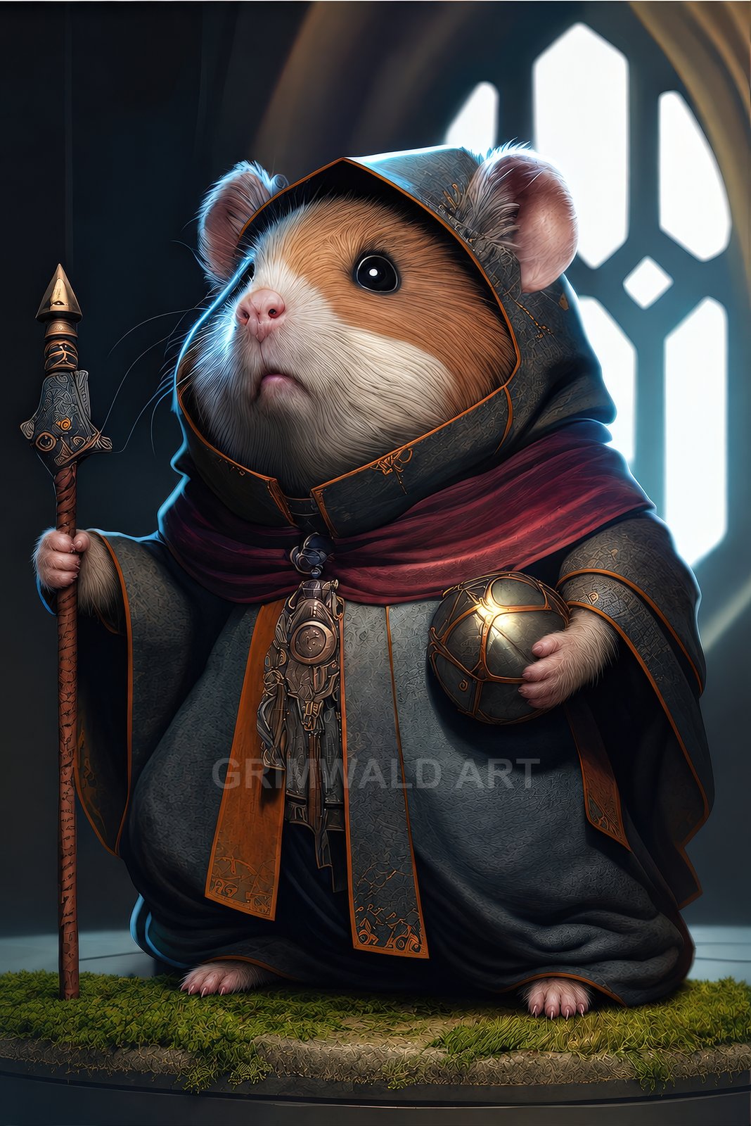 Anthropomorphic hamster in ornate hooded robes holding a staff and glowing orb, standing on a mossy plinth before a tall cathedral window.