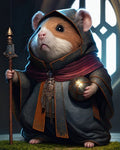 GRID THUMBNAIL — Anthropomorphic hamster in ornate hooded robes holding a staff and glowing orb, standing on a mossy plinth before a tall cathedral window.