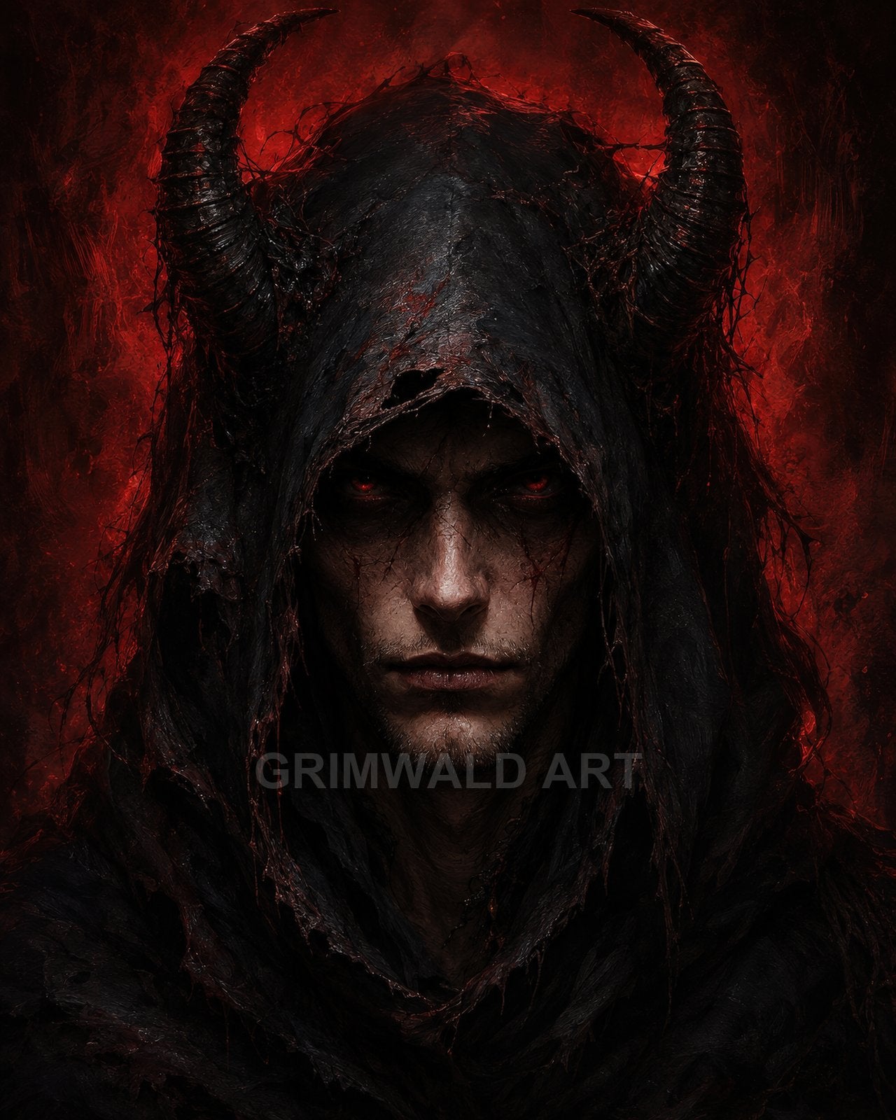 Close-up portrait of a horned, hooded demon with glowing red eyes, tattered black robes and a firelit crimson background, staring directly ahead.