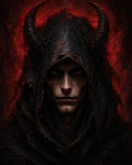 GRID THUMBNAIL — Close-up portrait of a horned, hooded demon with glowing red eyes, tattered black robes and a firelit crimson background, staring directly ahead.