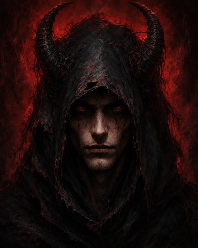 GRID THUMBNAIL — Close-up portrait of a horned, hooded demon with glowing red eyes, tattered black robes and a firelit crimson background, staring directly ahead.