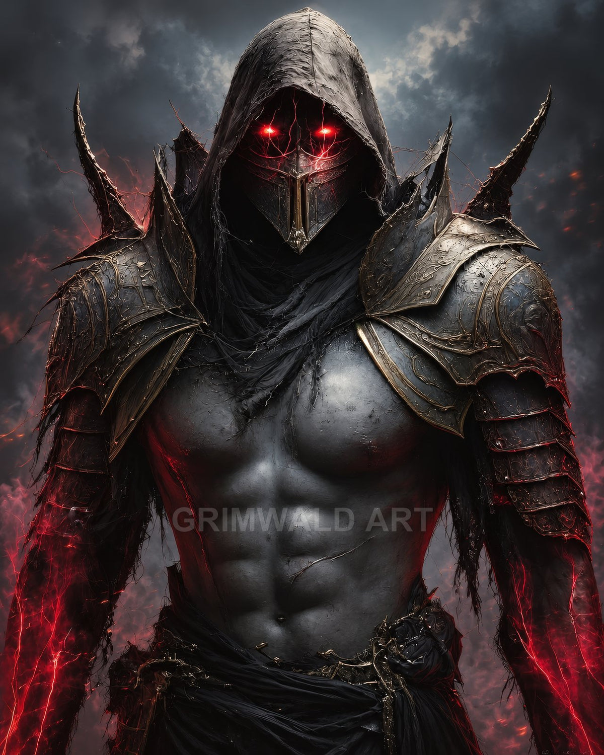 Hooded armoured demon with a metal mask and blazing red eyes stands in stormy gloom, red energy veining his muscular grey torso.