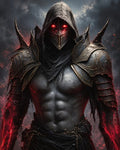 GRID THUMBNAIL — Hooded armoured demon with a metal mask and blazing red eyes stands in stormy gloom, red energy veining his muscular grey torso.