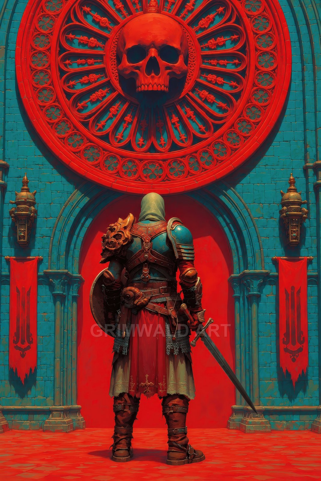 Hooded armoured knight stands facing a crimson skull rose window within a teal gothic cathedral, holding a sword and shield amid tattered red banners.