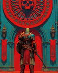GRID THUMBNAIL — Hooded armoured knight stands facing a crimson skull rose window within a teal gothic cathedral, holding a sword and shield amid tattered red banners.