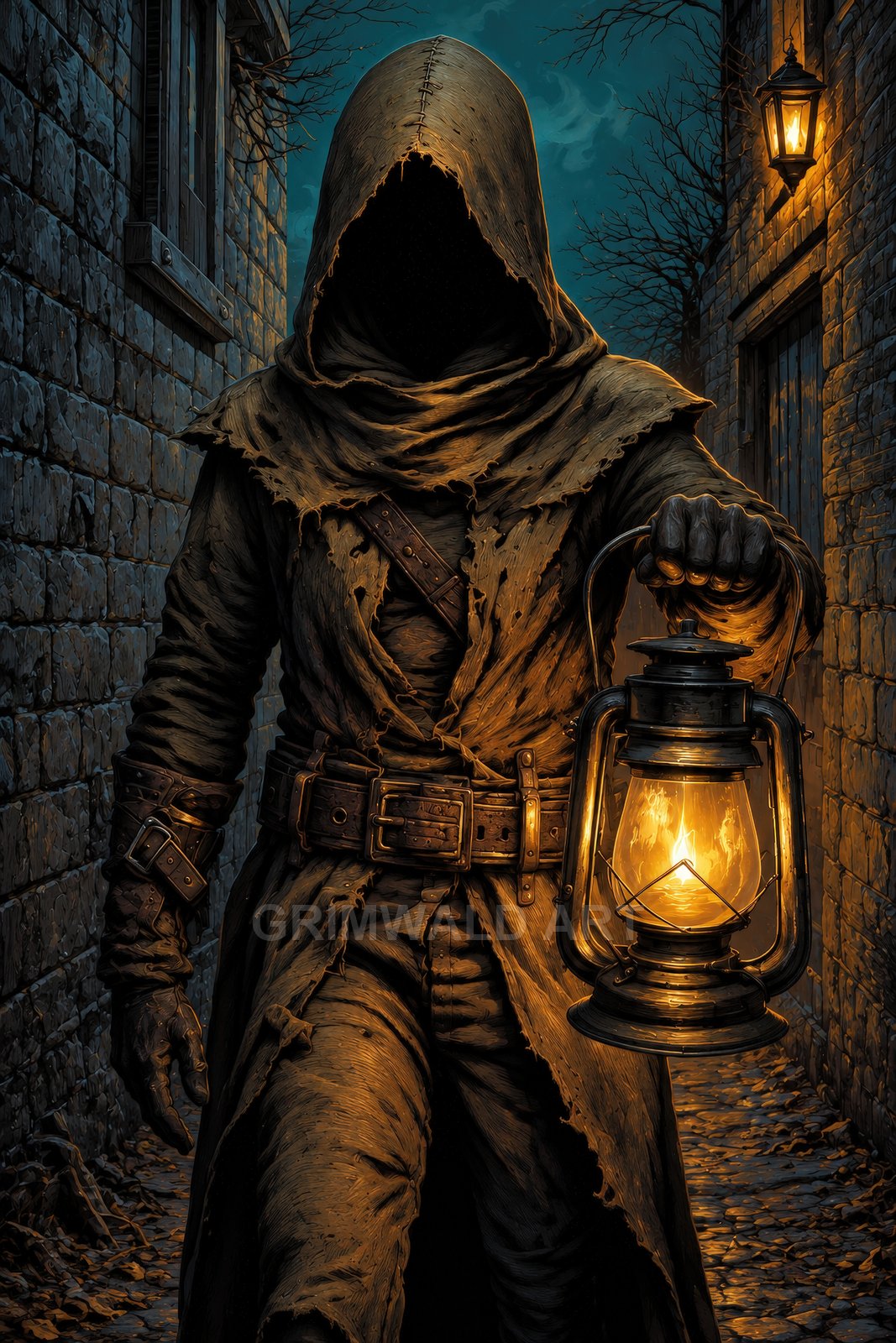 A hooded, faceless figure in tattered robes walks a narrow cobbled alley at night, holding a warm-glowing lantern before them.