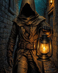 GRID THUMBNAIL — A hooded, faceless figure in tattered robes walks a narrow cobbled alley at night, holding a warm-glowing lantern before them.