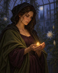 GRID THUMBNAIL — A hooded woman cradles a small glowing flame in her hands inside a moonlit glasshouse, with vines, white flowers, and a distant castle.