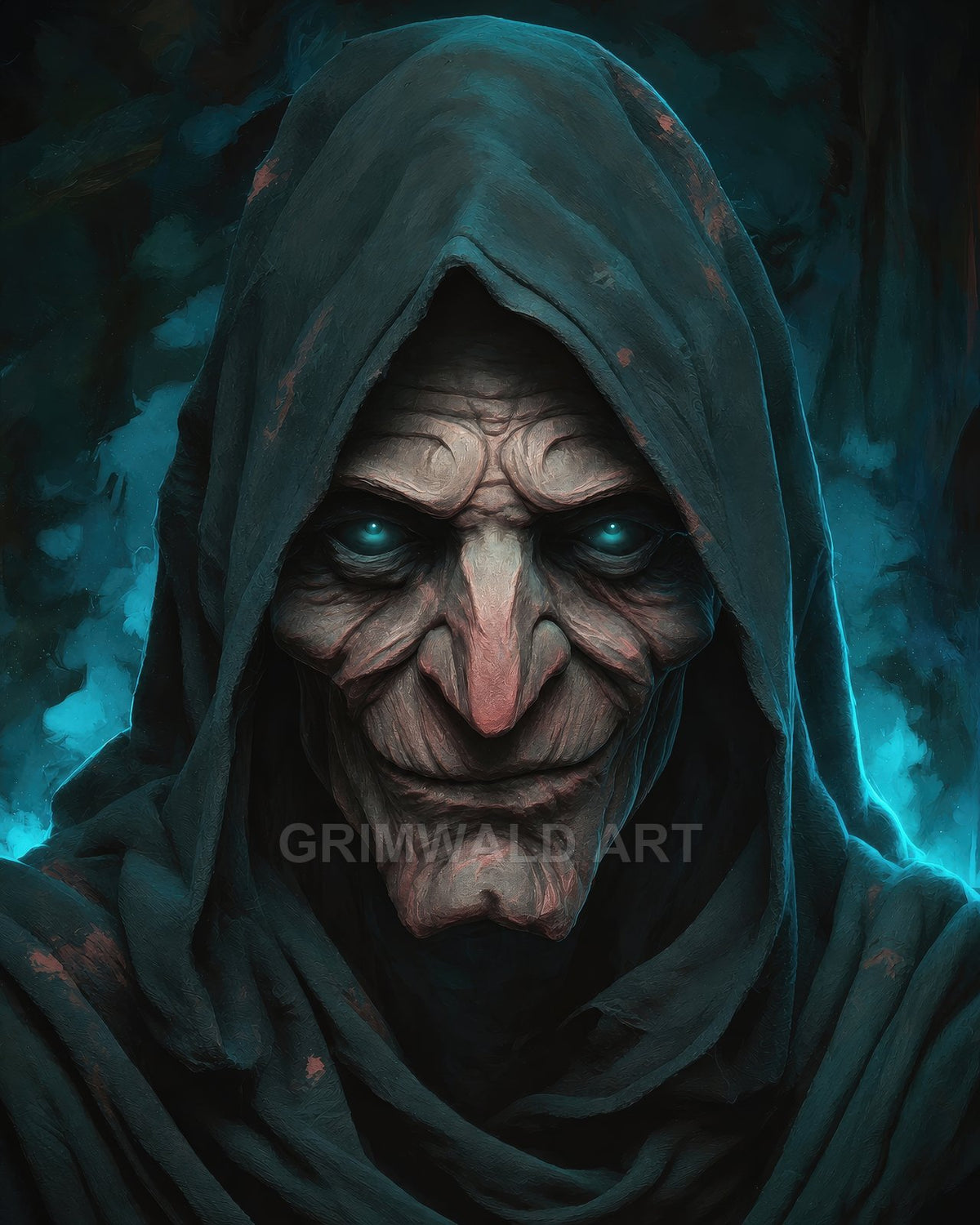 Close-up portrait of a gaunt hooded figure with glowing blue eyes, wrinkled face and dark robe, lit by eerie teal rim light.