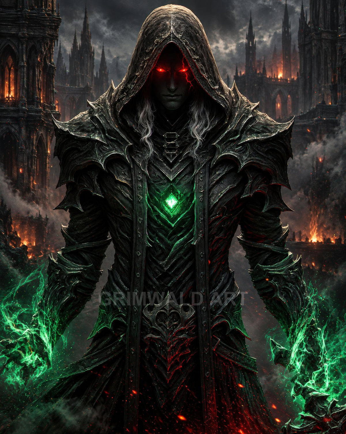 Hooded necromancer in black spiked armour with glowing red eyes and emerald magic, standing before burning gothic spires under a smoky night sky.