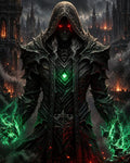 GRID THUMBNAIL — Hooded necromancer in black spiked armour with glowing red eyes and emerald magic, standing before burning gothic spires under a smoky night sky.