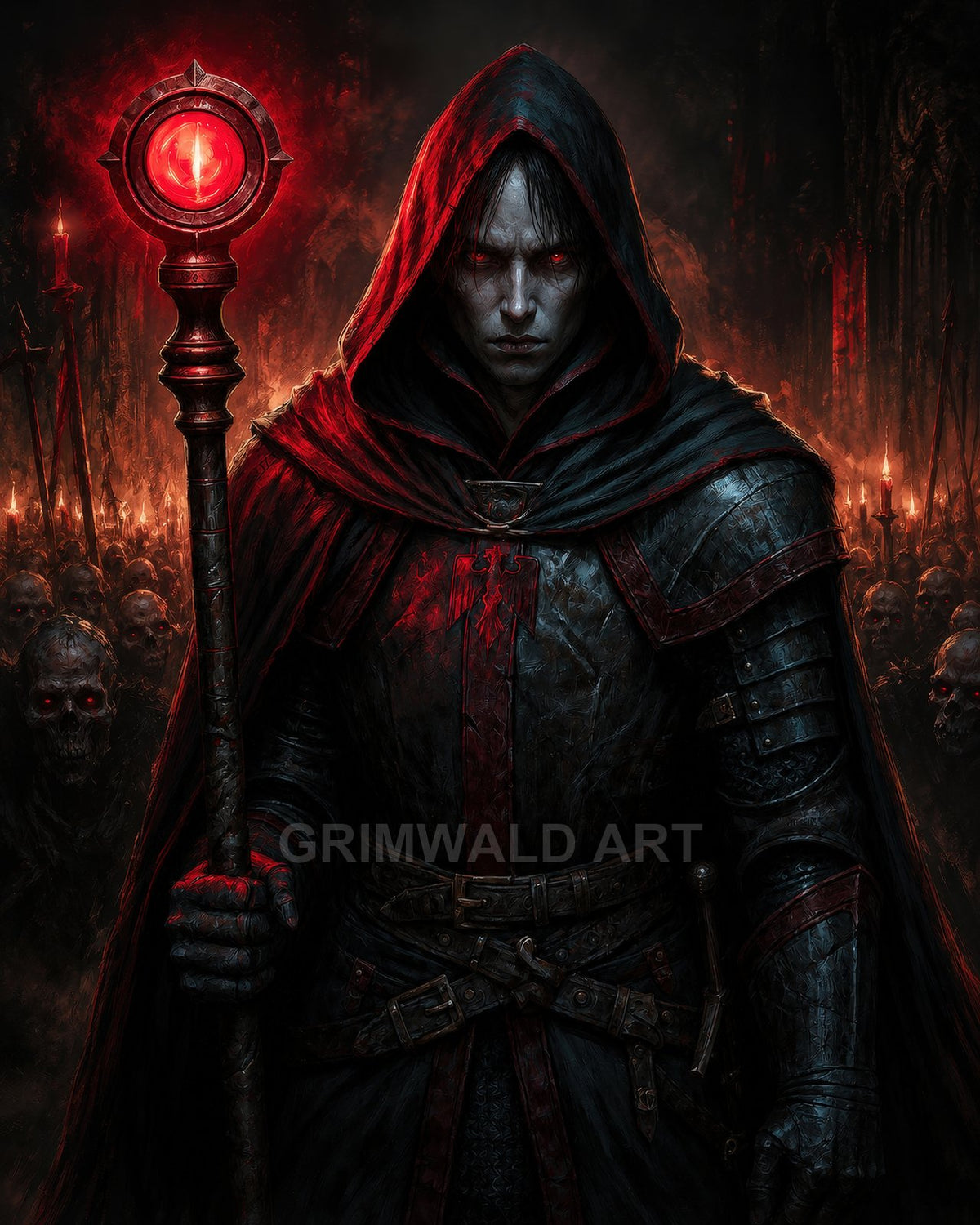 Hooded necromancer with glowing red eyes holds a crimson crystal staff, commanding an undead horde in a shadowy cathedral lit by fire.