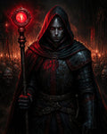 GRID THUMBNAIL — Hooded necromancer with glowing red eyes holds a crimson crystal staff, commanding an undead horde in a shadowy cathedral lit by fire.