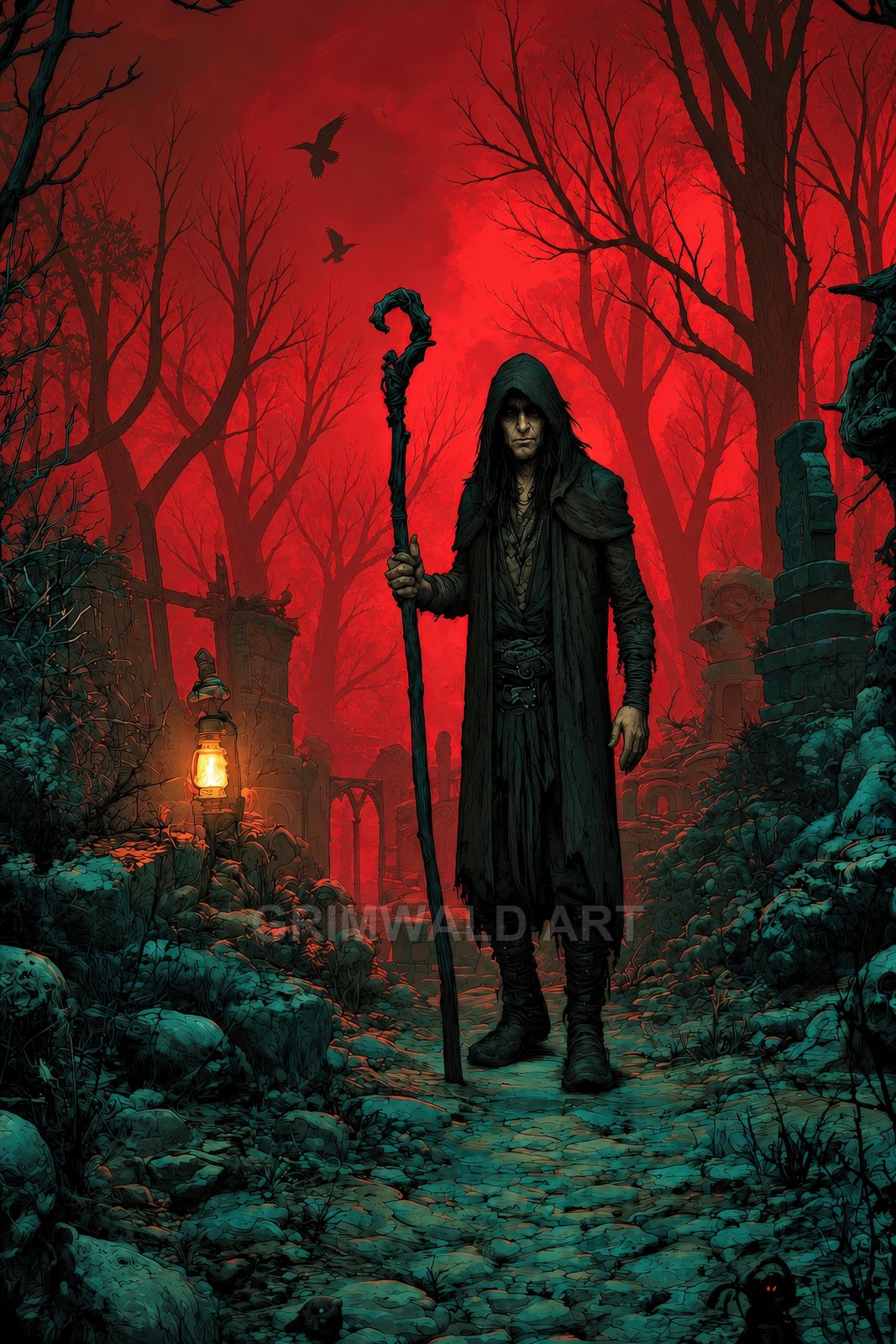 A hooded necromancer with a gnarled staff walks through graveyard ruins under a blood-red twilight sky, lantern glowing amid skulls, crows wheeling overhead.