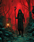 GRID THUMBNAIL — A hooded necromancer with a gnarled staff walks through graveyard ruins under a blood-red twilight sky, lantern glowing amid skulls, crows wheeling overhead.