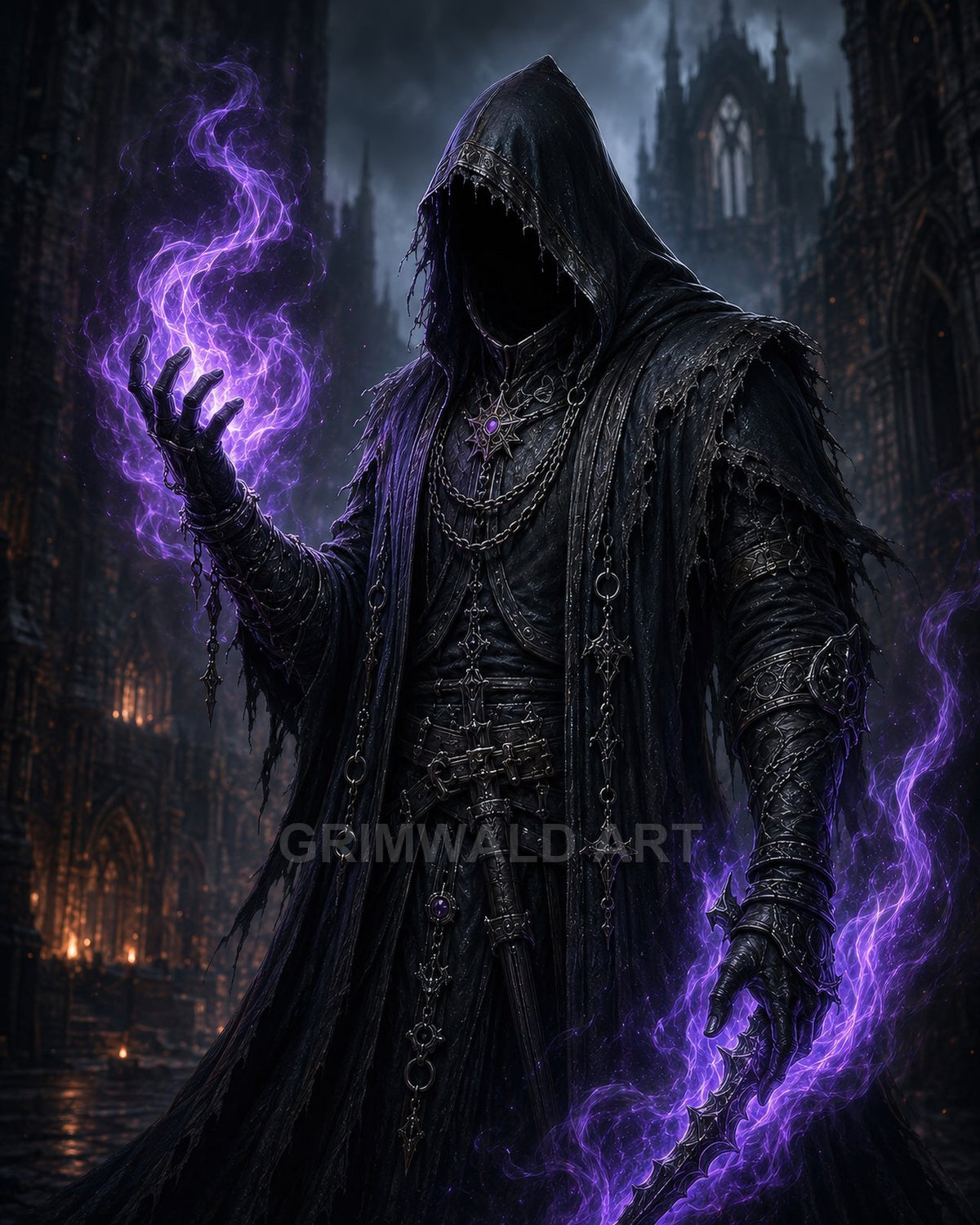 Hooded robed figure conjuring purple magical flames, holding a serrated dagger, standing before towering gothic architecture at night with chains and talismans.
