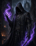 GRID THUMBNAIL — Hooded robed figure conjuring purple magical flames, holding a serrated dagger, standing before towering gothic architecture at night with chains and talismans.