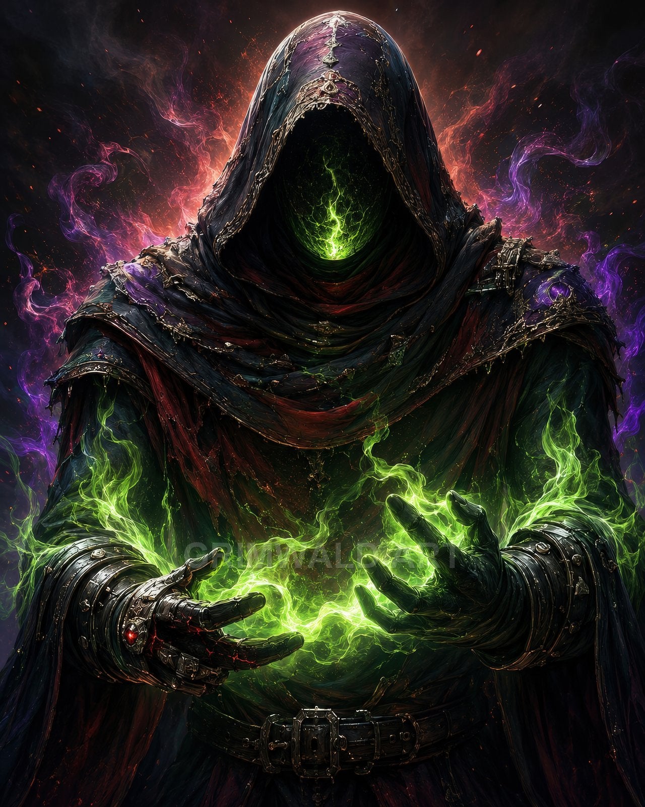 A hooded, faceless necromancer conjures vivid green flame between metal-braced hands, tattered chain-trimmed robes billowing amid purple and ember-red smoke.