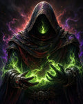 GRID THUMBNAIL — A hooded, faceless necromancer conjures vivid green flame between metal-braced hands, tattered chain-trimmed robes billowing amid purple and ember-red smoke.