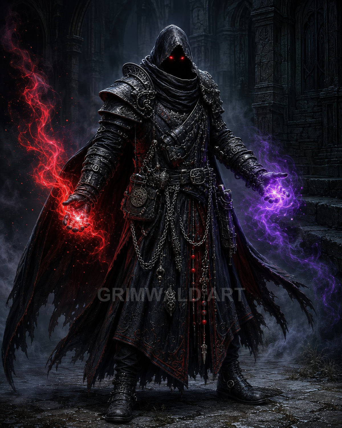 A hooded necromancer in black armour conjures red and purple arcane energy inside a crumbling gothic cathedral at night, eyes glowing beneath the cowl.
