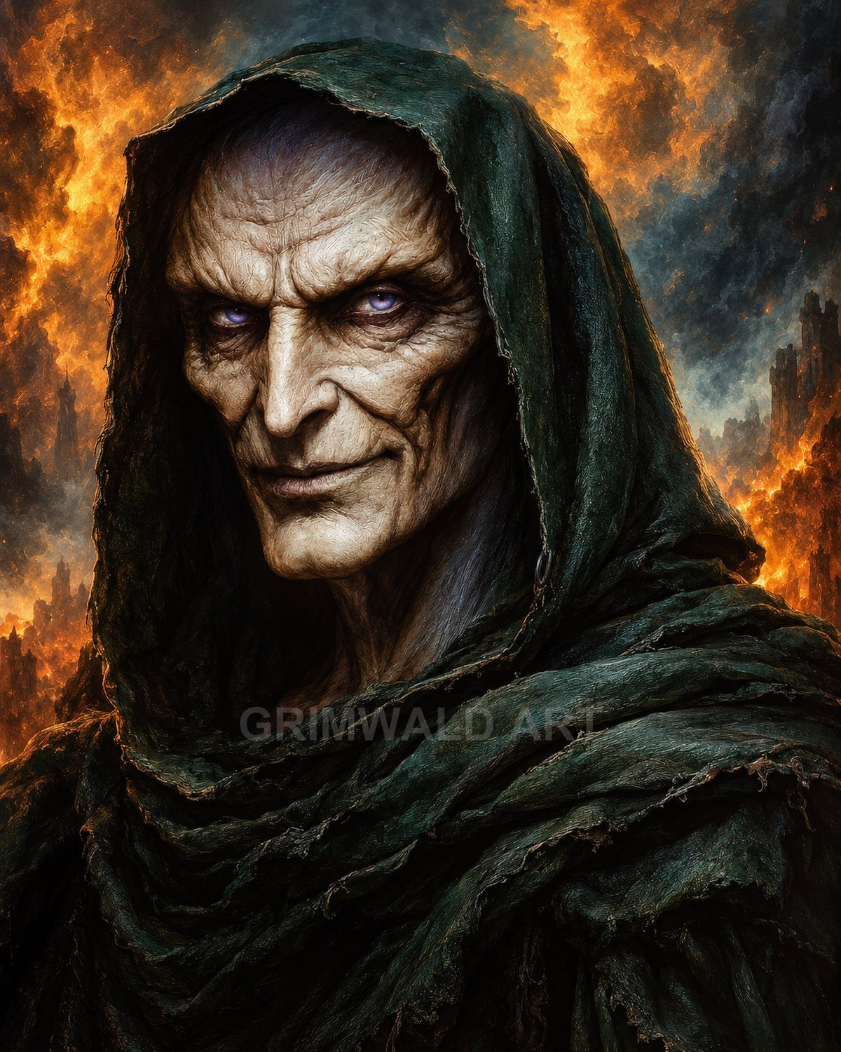 Sinister hooded necromancer with glowing violet eyes and tattered green robes, lit by roaring flames against a dark, smoky backdrop.