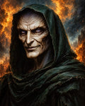 GRID THUMBNAIL — Sinister hooded necromancer with glowing violet eyes and tattered green robes, lit by roaring flames against a dark, smoky backdrop.