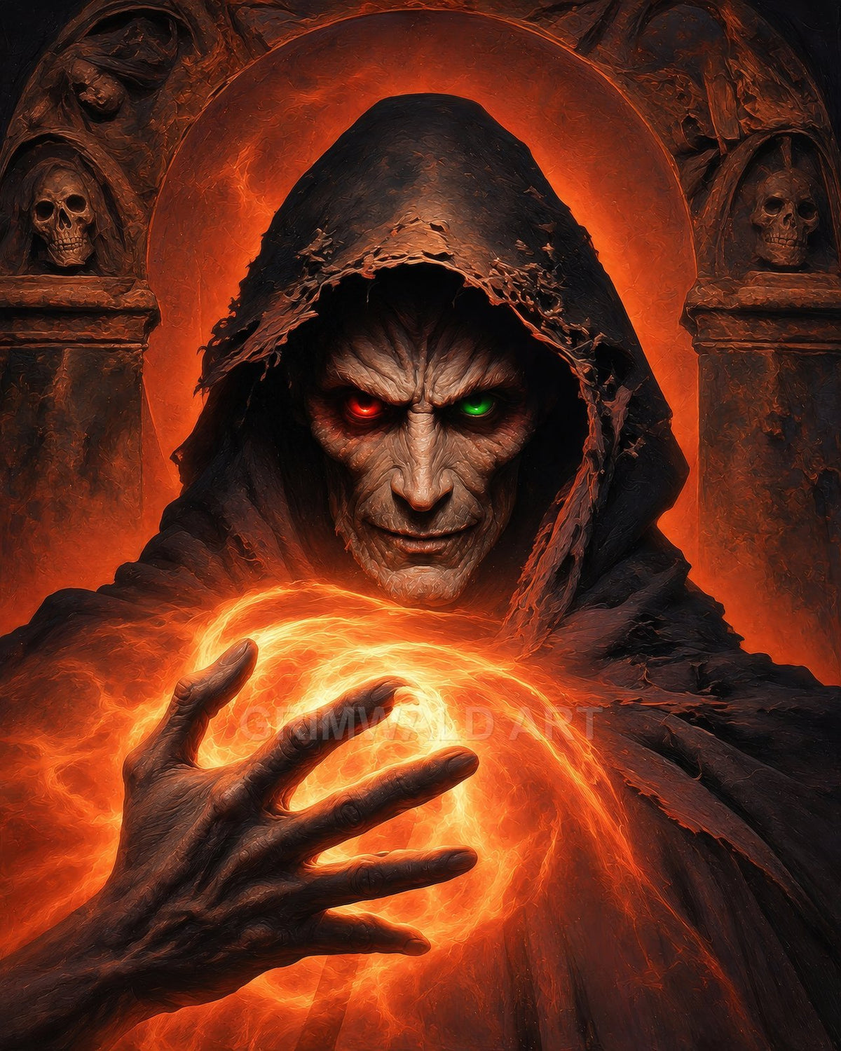 Hooded undead sorcerer with mismatched glowing eyes conjures a blazing orange orb, framed by a skull-adorned arch, in dramatic firelit darkness.
