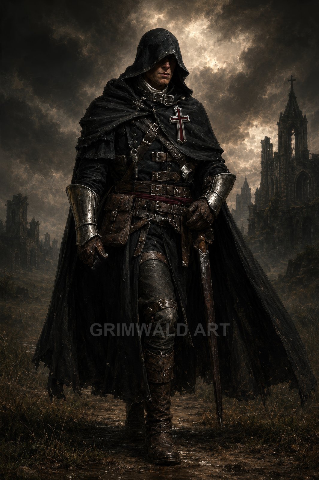 Hooded armoured paladin with a cross emblem and longsword walks through rain-soaked ruins beneath stormy skies, gothic spires crumbling in the background.