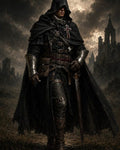 GRID THUMBNAIL — Hooded armoured paladin with a cross emblem and longsword walks through rain-soaked ruins beneath stormy skies, gothic spires crumbling in the background.