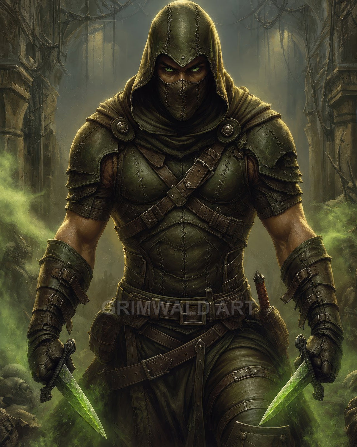 A hooded, masked assassin in dark leather armour strides through crumbling ruins, gripping two glowing green poison daggers amid swirling toxic mist.